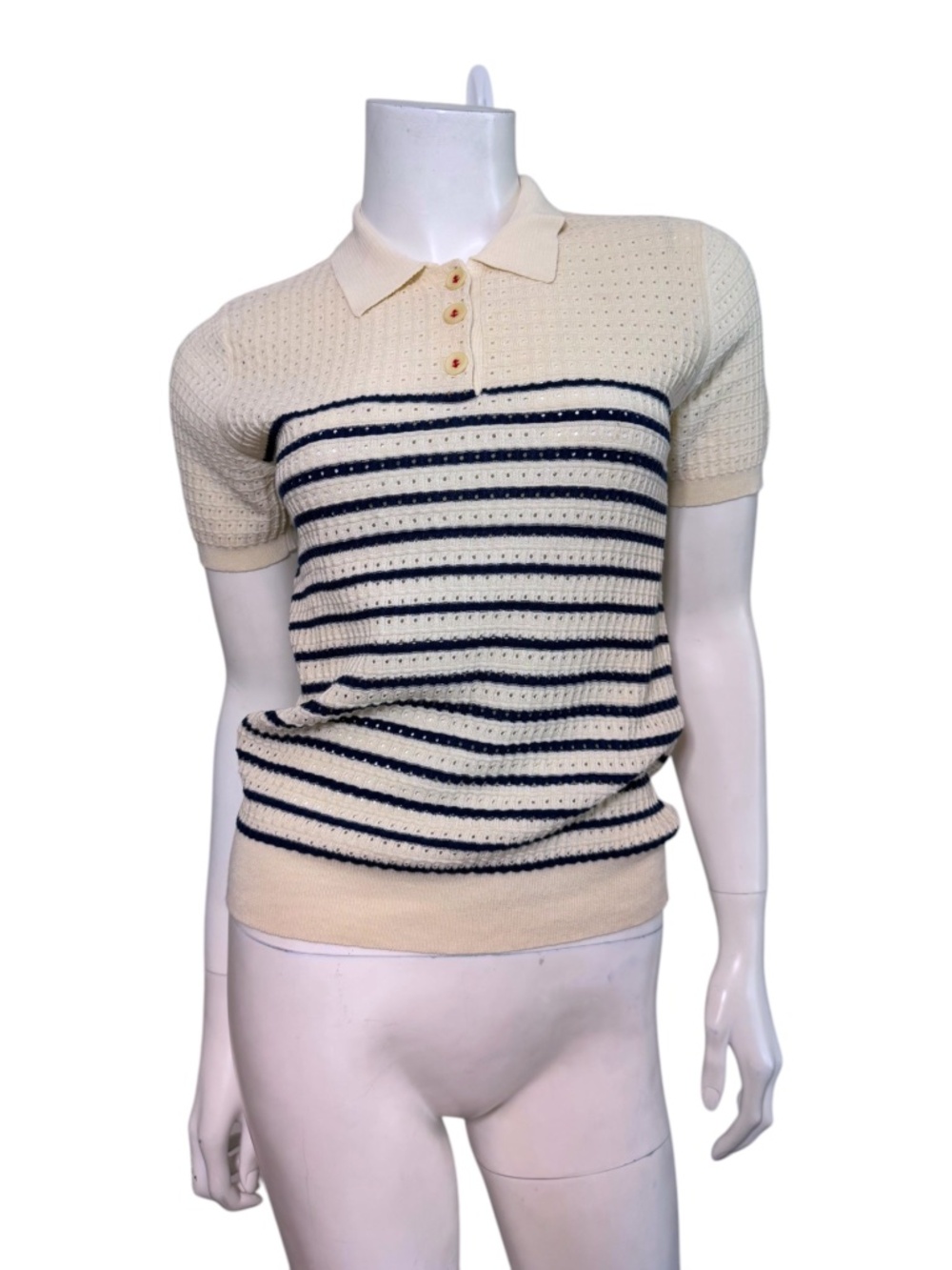 Demylee Cotton Stripe Polo in Cream/Navy Size XS